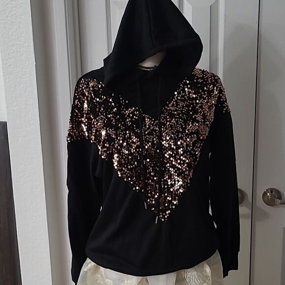 3/$30💥Bronze Sequin Chevron Hoodie sz M - Picture 3 of 14